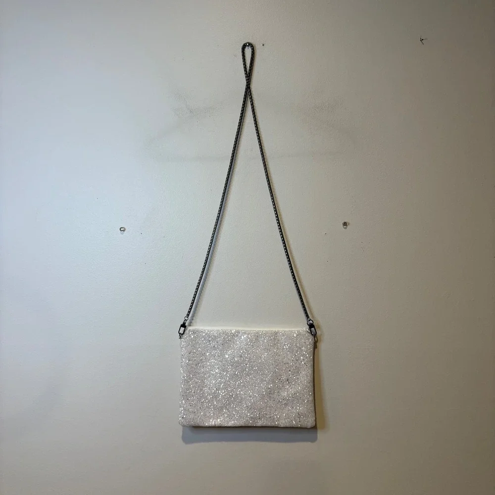 Bride White Glitter Clutch Bag‎ with Detachable Chain Crossbody Strap